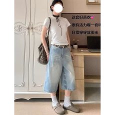 批发美式复古街头水洗阔腿<b class='q'>牛仔</b><b class='q'>短裤</b><b class='q'>男</b>女夏季潮流直筒猫须百搭七分<b class='q'>短裤</b>