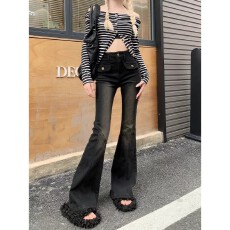批发黑色窄版高腰微喇牛仔裤女2025春<b class='q'>秋</b>新款梨形身材弹力显瘦喇叭裤子