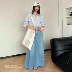 批发毛边牛仔半身裙女春夏季高腰显瘦复古休闲宽松韩版大摆裙a字长裙