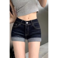 批发大码美式辣妹高腰性感热裤弹力牛仔裤女夏季深蓝色设计感卷边短裤