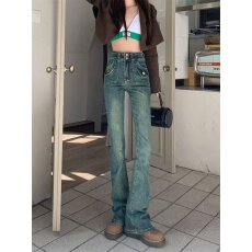 批发微喇叭复古辣妹牛仔裤女春<b class='q'>秋</b>新款高腰大码修身显瘦马蹄阔腿长裤子