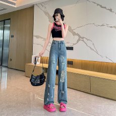 批发实拍复古牛仔裤女<b class='q'>秋</b>季水洗高腰宽松显瘦阔腿裤慵懒破洞直筒拖地裤