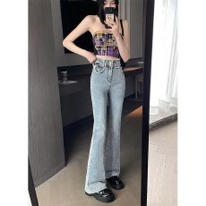 批发复古牛仔裤女<b class='q'>秋</b>季窄版马蹄裤小个子显瘦微喇叭裤高腰垂感拖地长裤