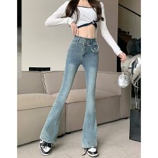 批发浅色毛边微喇牛仔裤女春<b class='q'>秋</b>2026年新款高腰显瘦显高百搭拖地喇叭裤