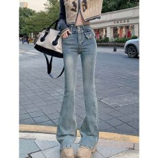 批发复古牛仔裤女<b class='q'>秋</b>季窄版马蹄裤小个子显瘦微喇叭裤高腰垂感拖地长裤