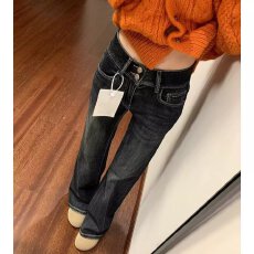 批发美式复古微喇牛仔裤女2026春<b class='q'>秋</b>新款双排扣弹腰显瘦喇叭拖地裤