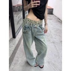 批发豹纹拼接双裤头牛仔裤女阔腿直筒裤子美式高街设计感小众