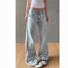 批发美式辣妹水洗浅蓝色低腰微喇牛仔裤子女<b class='q'>秋</b>季修身显瘦拖地直筒裤子