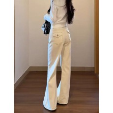 批发米白色窄版直筒牛仔裤女2025<b class='q'>秋</b>季新款不贴腿显瘦垂感阔腿拖地裤