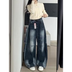 批发美式做旧水洗阔腿弯刀牛仔裤女2026新款宽松显瘦直筒拖地长裤子潮