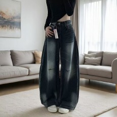 批发复古弯刀水洗阔腿牛仔裤女2026新款美式宽松显瘦直筒拖地长裤子潮