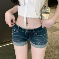 批发美式辣妹满天星烫钻卷边牛仔超短裤女夏季小个子低腰紧身包臀热