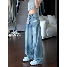 批发美式复古破洞牛仔裤男女夏薄款爵士舞工装裤子直筒宽松高街阔腿裤