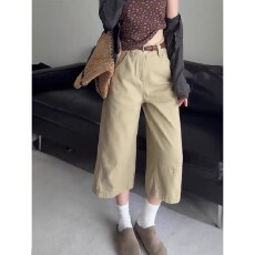 批发美拉德复古卡其阔腿七分裤高腰A字梨形牛仔中裤女