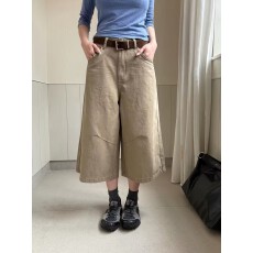批发美拉德复古卡其阔腿七分裤高腰A字梨形牛仔中裤女