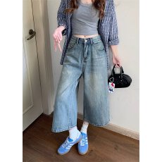 批发美式复古七分牛仔裤女夏季新款高腰大码胖mm显瘦宽松直筒阔腿短裤