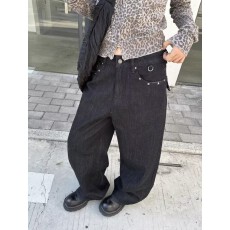 批发美式复古柳钉黑色牛仔裤女休闲水洗做旧宽松直筒阔腿长裤