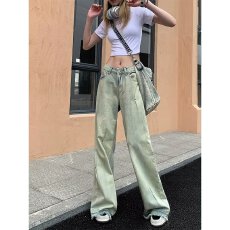 批发美式<b class='q'>街头</b>阔腿牛仔裤女2024夏季新款复古小众宽松显瘦百搭直筒裤子