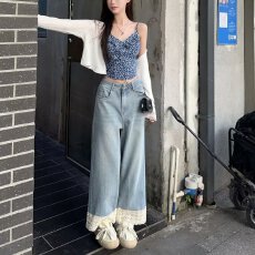 批发阔腿<b class='q'>牛仔裤</b><b class='q'>女</b>秋季<b class='q'>韩版</b>宽松休闲蕾丝花边拼接高腰窄版直筒九分裤子