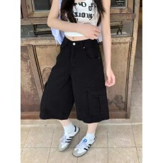 批发大码美式复古解构多口袋牛仔工装裤男女夏季潮牌宽松阔腿七分短裤