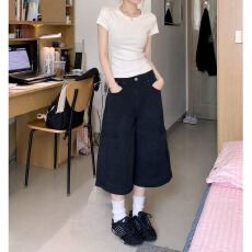批发大码美式复古解构多口袋牛仔工装裤男女夏季潮牌宽松阔腿七分短裤