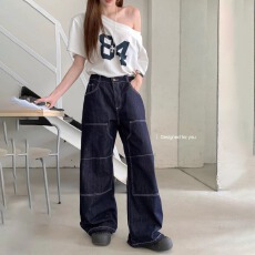 批发牛仔布潮多口袋<b class='q'>秋</b>季新款大口袋工装高腰阔腿牛仔裤女