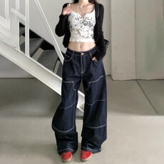 批发牛仔布潮多口袋<b class='q'>秋</b>季新款大口袋工装高腰阔腿牛仔裤女