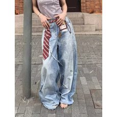 批发2026美式复古四季水洗做旧弯刀裤垂感拖地刷漆男女慵懒破洞牛仔裤