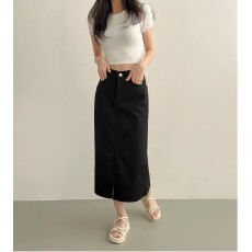 批发开叉黑色牛仔<b class='q'>半身裙</b>女直筒中长款高腰显瘦a字包臀
