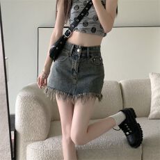 批发遮肉流苏高腰包臀子短裙ins复古<b class='q'>牛仔</b>设计感半身裙a小众毛边潮字