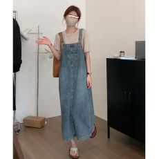 批发新款韩版百搭宽松<b class='q'>春</b>夏减龄盐系复古开叉牛仔背带裙女中长款
