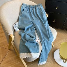 批发甜美蕾丝花边牛仔裤拼接<b class='q'>春</b>秋新款复古森系松紧直筒宽松九分阔腿裤
