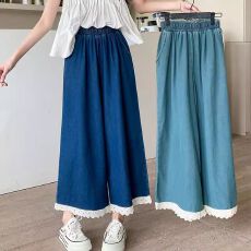 批发甜美蕾丝花边牛仔裤女<b class='q'>春</b>季薄款复古森系松紧腰阔腿裤直筒九分裤子