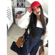 批发美式复古牛仔背带裤女<b class='q'>春</b>季2025年新款高腰直筒宽松阔腿裤连体裤女