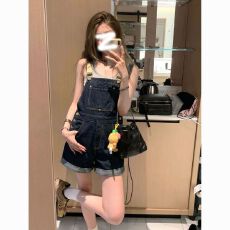 批发美式复古牛仔背带裤女夏薄款小个子宽松显瘦减龄连体短裤通勤百搭