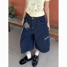 批发美式复古水洗波点口袋工装牛仔七分裤男女<b class='q'>街头</b>宽松阔腿休闲中裤潮