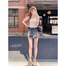 批发高腰复古A字牛仔短裙女2026夏季新款弹力显瘦百搭防走光辣妹半裙