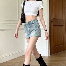 批发复古做旧牛仔半身裙女夏季辣妹包臀短裙子高腰A字裙防走光裙裤子