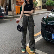 批发迷彩休闲牛仔<b class='q'>裤</b>女夏季工装<b class='q'>裤</b>直筒<b class='q'>军</b>绿设计感高街长<b class='q'>裤</b>子ins