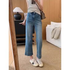 批发蓝色九分直筒牛仔裤女夏季新款大码胖mm梨形身材显瘦小个子阔腿裤