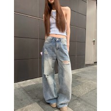 批发<b class='q'>夏</b>季休闲复古直筒宽松水洗做旧显瘦百搭长裤牛仔裤