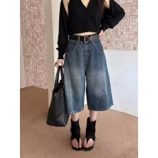 批发复古高腰阔腿七分牛仔裤女2026春季欧货水洗宽松百搭<b class='q'>休闲</b>直筒中裤