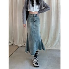 批发<b class='q'>大码</b>胖妹妹中长款牛仔半身裙女秋冬高腰遮胯包臀鱼尾裙A字长裙子