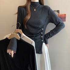 批发实拍2025年<b class='q'>秋</b>冬大码女装半高领纽扣不规则长袖T恤胖MM打底衫上衣