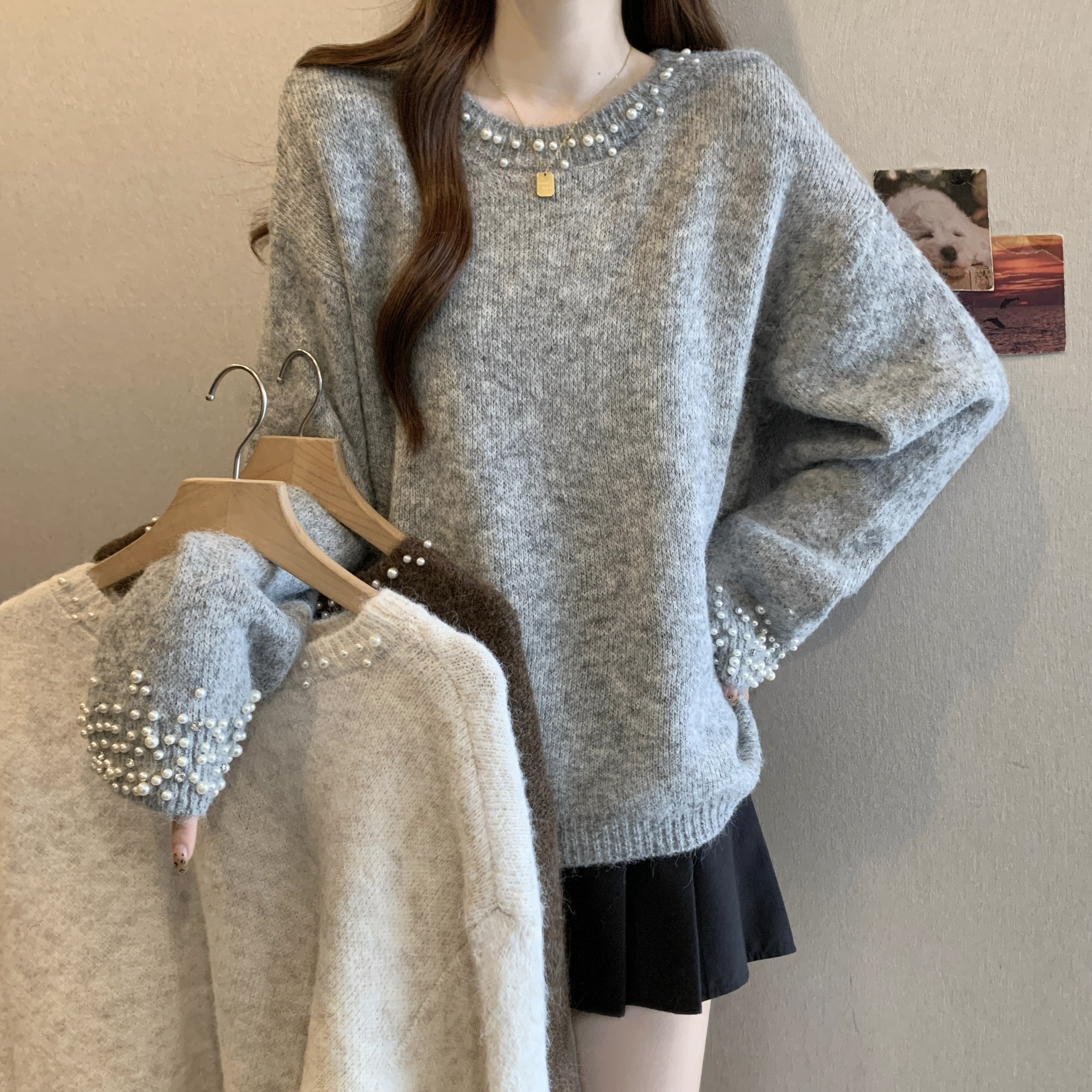 MY14659# 大码女装长袖重工钉珠圆领套头毛衣胖MM宽松上衣女女裝貨源...