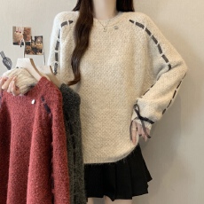 批发<b class='q'>实拍</b>2025年秋冬<b class='q'>大码</b><b class='q'>女装</b>长袖蝴蝶结系带圆领套头毛衣胖MM宽松上衣