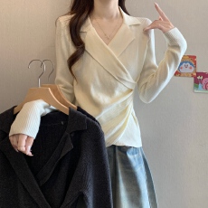 批发实拍2025年秋冬新款大码女装<b class='q'>西装</b>领不规则长袖毛衣胖MM打底衫上衣