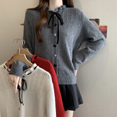 批发实拍2025年秋冬新款大码女装系带蝴蝶结毛衣开衫胖MM镂空针织上衣