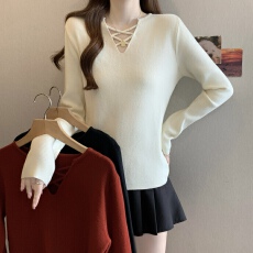 批发实拍2026春季新款<b class='q'>大码</b>女装<b class='q'>长袖</b>V领系带毛衣胖MM针织上衣打底衫女