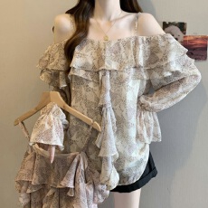 批发实拍2026春夏<b class='q'>大码</b>女装一字肩吊带碎花长袖<b class='q'>雪纺</b><b class='q'>衫</b>胖MM喇叭袖上衣女